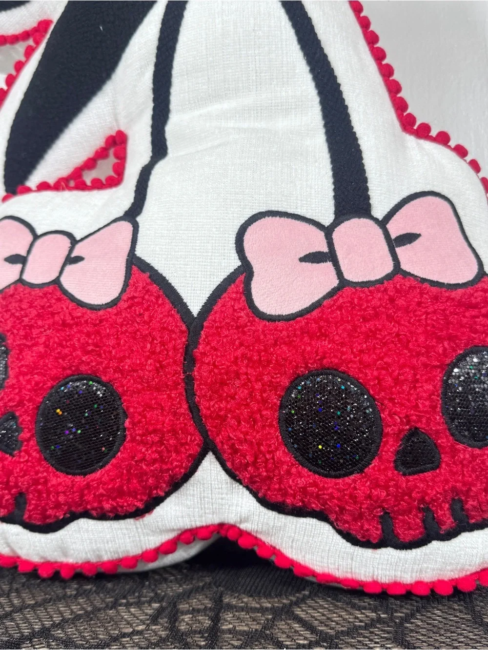NEW The Halloween Shop Cherry Skulls with Pink Bows Halloween Pillow